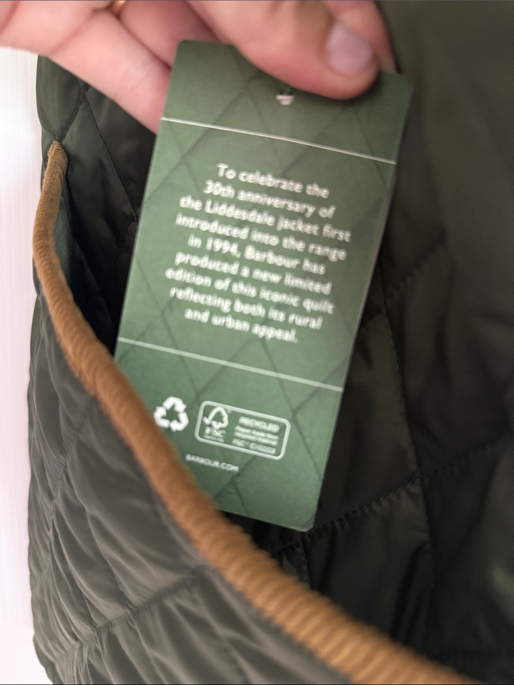 NWT Barbour Olive Quilted Jacket with Corduroy Collar - Picture 8 of 8